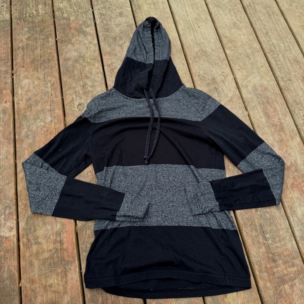 Prince & Fox Mens XS Striped Long Sleeve Hooded T-Shirt Black Charcoal Grey